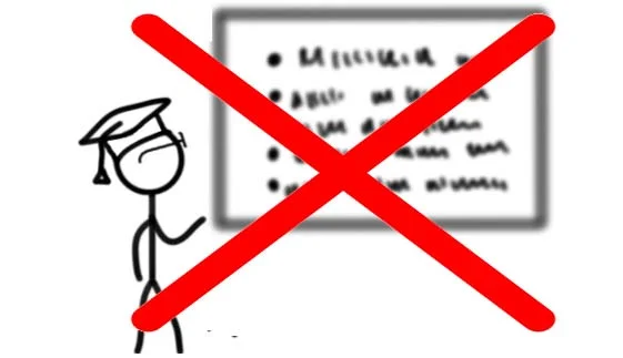 Presenter with presentation slides filled with bullet points, crossed by a red X