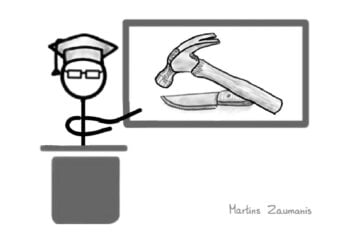 A drawing of a phd student showing a presentation tools on a powerpoint slide