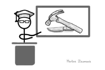 A drawing of a phd student showing a presentation tools on a powerpoint slide