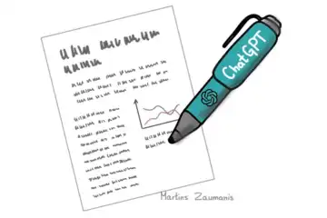 An illustration of a pen with ChatGPT written on the side writing a research paper. Author: Martins Zaumanis